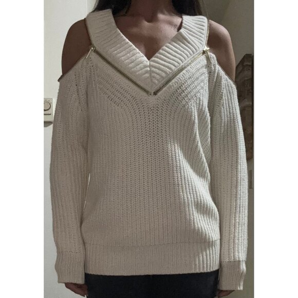 MICHAEL KORS Sweater Women's Size S white Zip Accent Cold Shoulder Knit Top - Picture 1 of 5